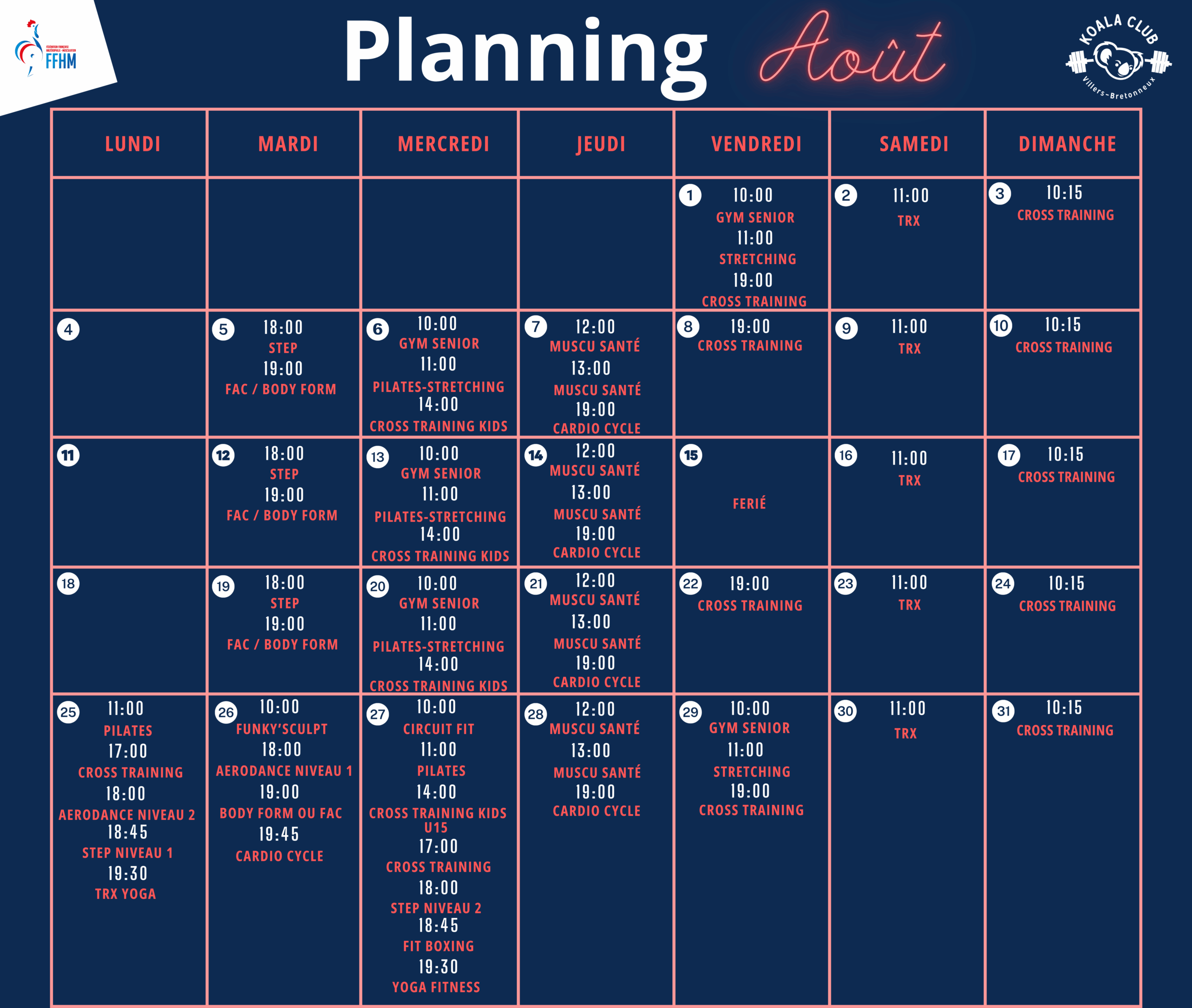 Planning des cours collectifs Août 2025